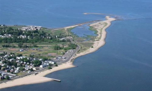 a beach with houses and trees